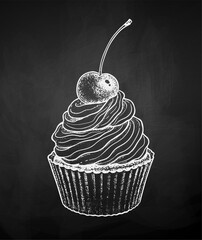 Wall Mural - Chalk sketch vector illustration of Cupcake with whipped cream and cherry on chalkboard background