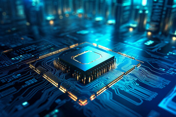 High-resolution close-up of computer chip on circuit board, generative AI