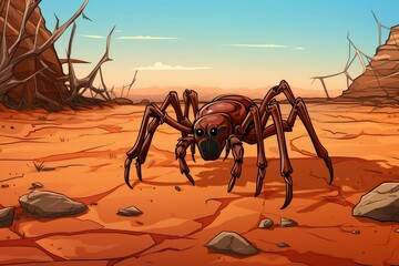 A spider on dirt ground with a net in the background. (Generative AI)