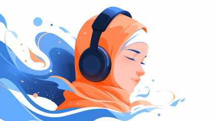 illustration a young girl in hijab wearing headphones listening to a podcast about faith and islam i