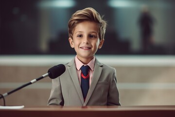 Wall Mural - portrait of smiling boy in suit sitting at table with microphone in conference hall