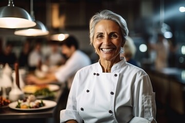 Wall Mural - Portrait of smiling senior female chef standing with arms crossed in restaurant