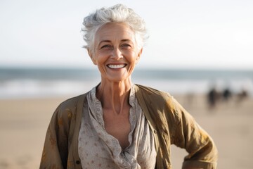 Portrait of happy senior woman smiling at camera on beach in summer