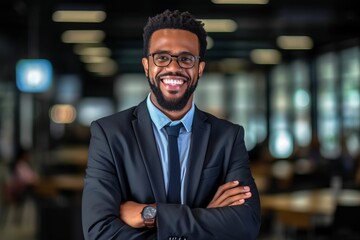 Wall Mural - Portrait of a smiling african american businessman with arms crossed in office