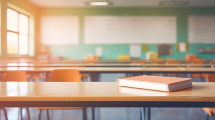 School classroom in blur background without young student. Blurry view of elementary class room no kid or teacher with chairs and tables in campus. Back to school concept