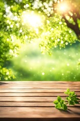 Wall Mural - Beautiful spring background with green lush young foliage and an empty wooden table outdoors. Natural template with bokeh beauty and sunshine, Generative AI