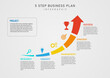 © Somsak - Infographic 5 steps. Business plan for success arrows divided into multicolored sections right side with lettering. On the left there is an icon. gray gradient background design for marketing, product