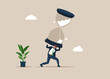 Businessman carrying and trying to stop sandglass before it fall. Project deadline, running out of time or time management. Flat vector illustration