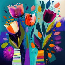 Abstract Oil Painting Colorful Tulips Flowers Minimal Artwork. Modern Oil Painting Digital Illustration. Ornament For Fabric, Textile, Packaging, Wrapping Paper, Wallpaper.
