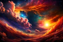 A Mind Altering Hallucinogenic Sunrise Seen In A Multidimensional Dreamlike Realm,## And Visually Stimulating ## Transcendent Rising Quasars And Nebulas In The Sky. Generated By AI Tools