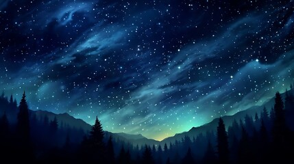 a starry night sky over trees and mountains