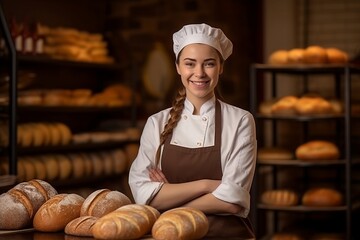 Canvas Print - Portrait of a young female baker with fresh bread in the bakery