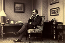 Rich Man Aristocracy, Banker, Businessman Sits In Chair In Drawing Room, 1890. Vintage Photo Made With Generative AI 