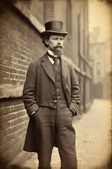 Wall Mural - English man pousing on city street, 1890 vintage photo, Generative AI