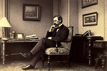 Rich man aristocracy, banker, businessman sits in chair in drawing room, 1890. Vintage photo made with Generative AI 