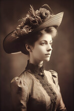 Beautiful Young Lady Portrait In Hat.  Vintage Photo 1890, Generative AI