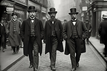 Wall Mural - Rich English men walking on street, 1890th, vintage photo Generative AI