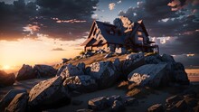 Small House On Rocky Cliff Landscape Background. Generative AI