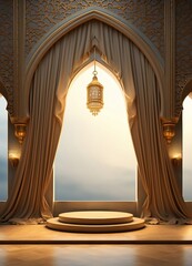 Islamic display podium with mosque window arabic lantern curtain background, ramadan kareem, mawlid, isra miraj, eid al fitr adha, muharram, 3d illustration, generative AI