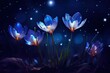 Crocus Flowers Blooming in a Dark Blue Galaxy: Ethereal Mystery Art. Generative AI