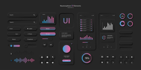 User interface elements for a mobile application in a dark style. A set for developing a modern website or mobile application in the Neumorphism style. Vector EPS 1 0.