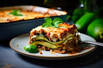 Wall Mural - Healthy Courgette Lasagna Bolognese - A Nourishing Vegetarian Dinner Dish with layers of Zucchini, Bolognese, and Cheese, Baked to Perfection. Generative AI