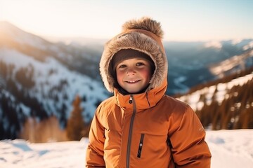 Portrait of a child in a warm jacket on the background of the winter mountains.