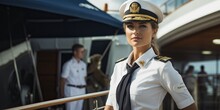 Woman Captain Standing Proudly In Front Of A Luxurious Yacht, Challenging Gender Norms And Highlighting The Growing Presence Of Women In Traditionally Male-dominated Industries. Generative AI
