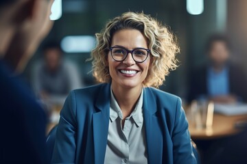 Wall Mural - Portrait of smiling businesswoman wearing eyeglasses and looking at camera in office