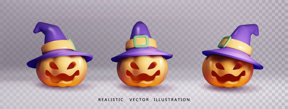Halloween pumpkin wearing witch hat and with scary face isolated. Design Template for Halloween holidays. Realistic 3d vector.