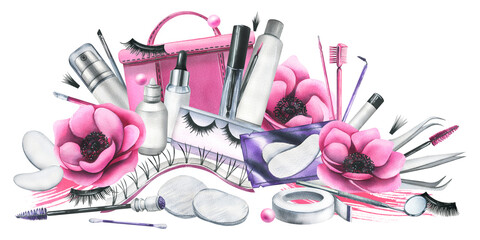 Wall Mural - Pink cosmetic bag with beauty master's tools for eyelash extension and lamination, with brushes, silicone rollers. Watercolor illustration, hand drawn. Isolated composition on a white background