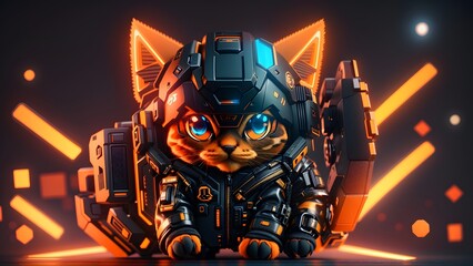 Wall Mural - Cute mini orange cat cyberpunk background. Generative AI