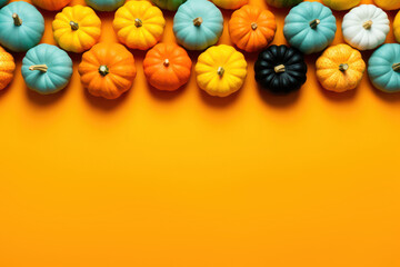 Various pumpkins on a orange background