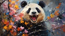 Chinese Panda With Fantasy Forest Colorful Butterflies And Flowers Background. Generative AI