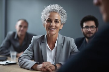 Wall Mural - Portrait of mature businesswoman smiling at camera during meeting in office