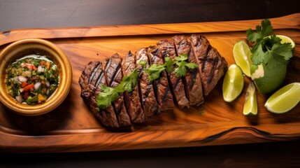 A detailed overhead shot of Mexican-Style Steak served on a rustic platter with chimichurri sauce, avocados, and black beans on the side