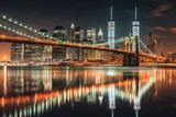 Fototapeta  - Brooklyn bridge and New York City Manhattan downtown skyline at dusk with skyscrapers illuminated over East River panorama. Copy space. Generative AI