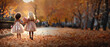 flower girls with amazing dresses walking through park with autumn leaves
