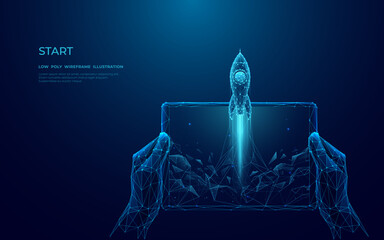 Digital close-up human hand holding tablet with abstract launching rocket. First-person view of a spaceship which takeoff on dark blue background. Low poly wireframe vector illustration with 3D effect
