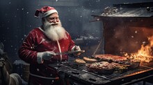 Santa Claus Cooking A BBQ Outdoors At Christmas Night.
