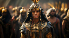 Portrait Of An Egyptian Pharaoh In Royal Attire And His Entourage In The Background.