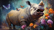 Rhino With Fantasy Forest Colorful Butterflies And Flowers Background. Generative AI