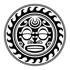 Wall Mural - Traditional Maori round tattoo design. Editable vector illustration. Ethnic circle ornament. African mask. Black and white