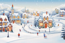 Village With Winter, Snow-covered Houses, Snowmen And People Skating On Ice
