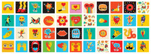 70's Groovy Square Posters, Cards Or Stickers. Retro Print With Hippie Cute Colorful Funky Character Concepts Of Crazy Geometric, Dripping Emoticon. Only Good Vibes Sentence