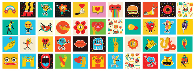 70's groovy square posters, cards or stickers. Retro print with hippie cute colorful funky character concepts of crazy geometric, dripping emoticon. Only good vibes sentence