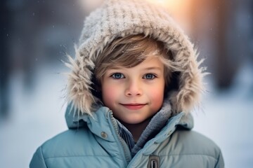 Wall Mural - Portrait of a cute little boy in a winter hat and coat