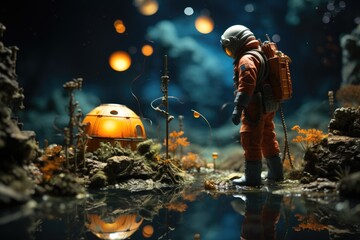Wall Mural - little astronaut on another planet. Generative AI