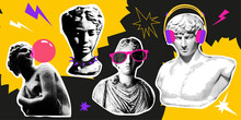 Collage Design Elements In Trendy Dotted Pop Art Style. Retro Halftone Effect. Set Of Statues With Retro Elements Of The 90s.Vector Illustration With Vintage Grunge Punk Cutout Shapes