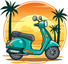 Green Turquoise Scooter In Summer Scene